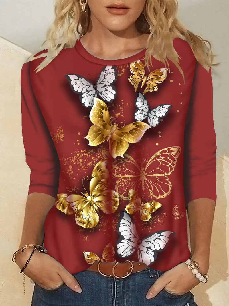 Women's Printed Crew Neck Long Sleeve T-Shirt