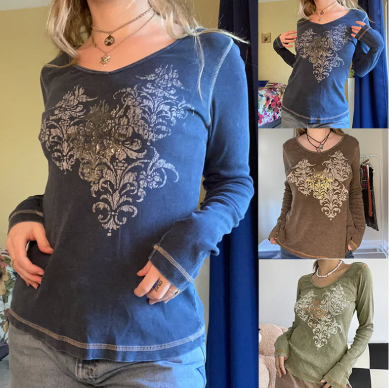 Women's Retro Print Crew Neck Street T-shirt