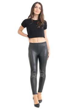 Women's Shiny Metallic Black Leggings with Skull Bones-2