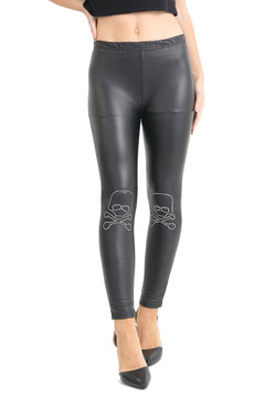 Women's Shiny Metallic Black Leggings with Skull Bones-0